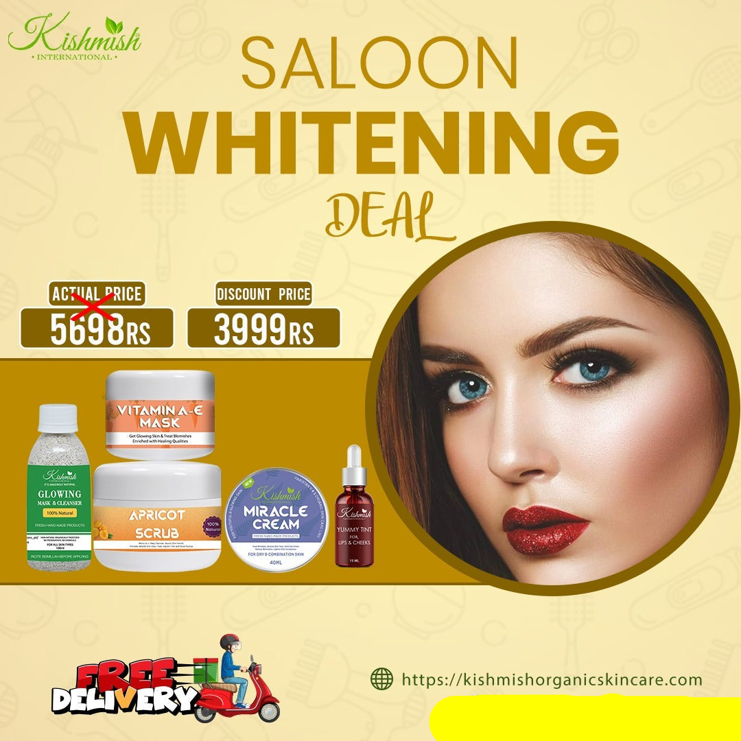 Saloon Whitening Facial Deal ~ Glowing Cleanser + Apricot Scrub + Vitamin A and E Mask + Miracle Cream + Yummy Lip Tint