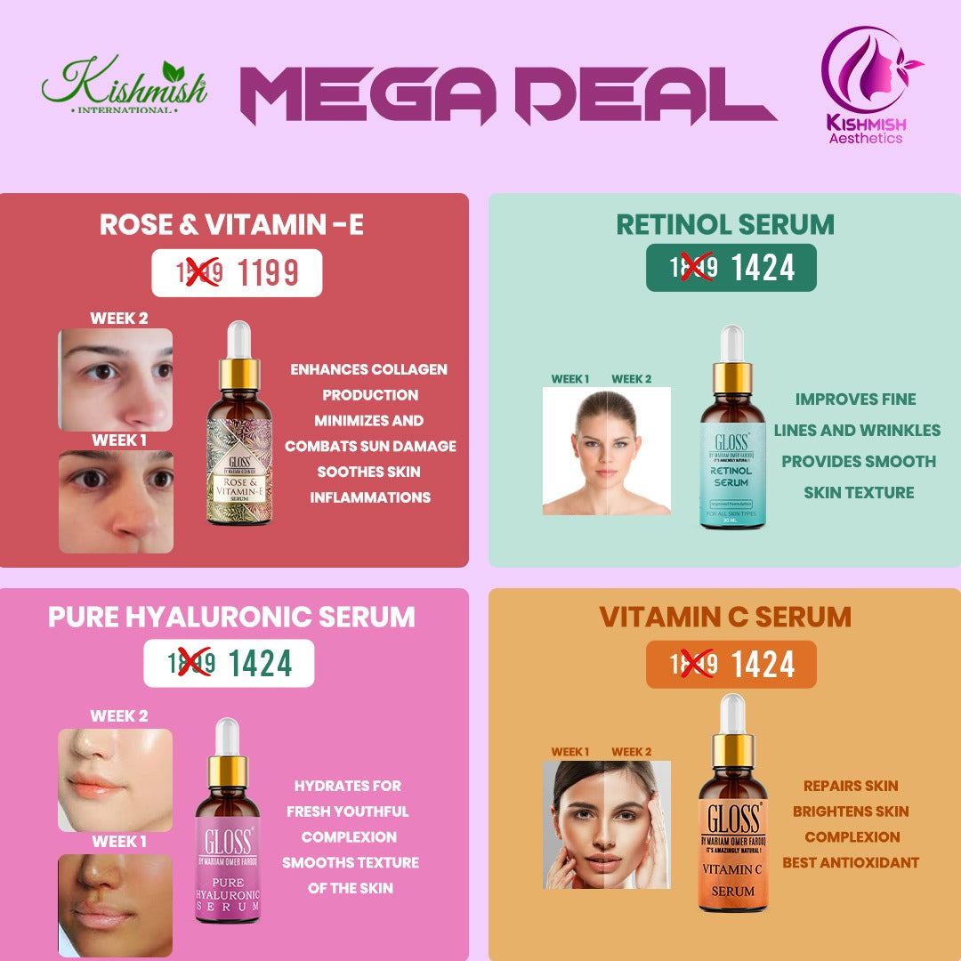 Retinol + Vitamin C Serum + Hyaluronic Acid Serum + Rose and Vitamin E Serum