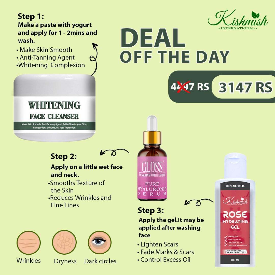 Whitening Cleanser (Face Cleansing Agent) + Hyaluronic Serum (Gives Plump and Glow) + Rose Hydrating Gel (Antiaging)