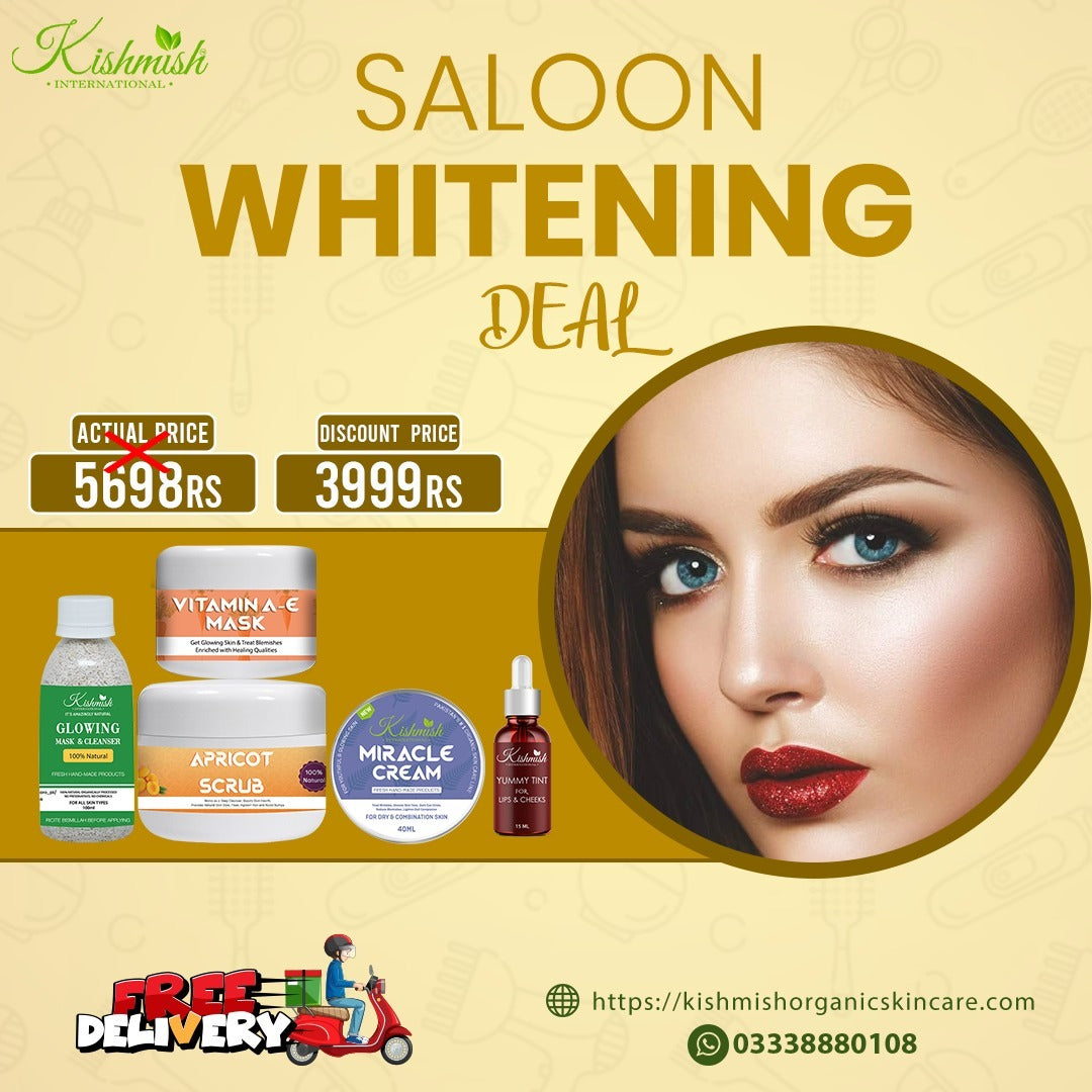 Saloon Whitening Facial Deal ~ Glowing Cleanser +  Apricot Scrub + Vitamin A and E Mask + Miracle Cream + Yummy Lip Tint